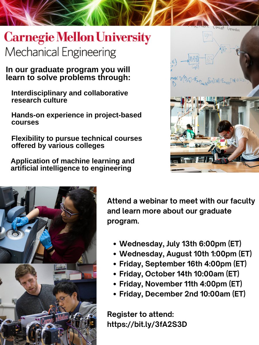 CMUMeche's tweet photo. Thinking about a master's or Ph.D. degree in MechE? Attend an upcoming webinar to learn more: https://bit.ly3fA2S3D #cmuengineering https://t.co/2lubKDoRvl