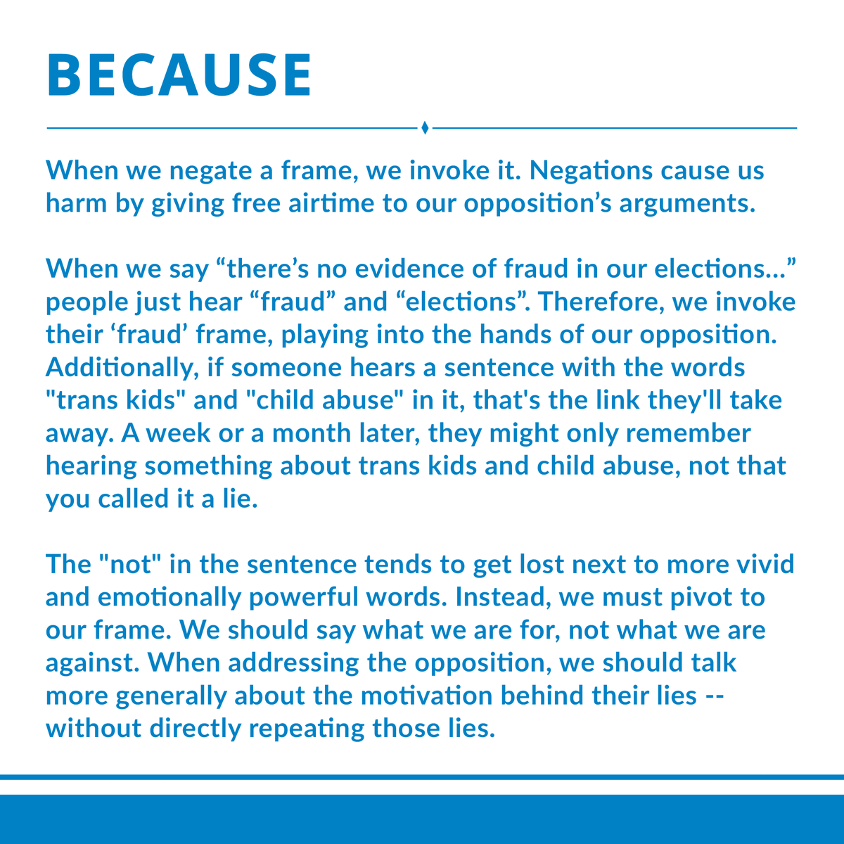 WMTFAction's tweet photo. Find yourself using “stop” “don’t” and “isn’t” in response to our opposition? Have you ever quote-tweeted something outrageous from the other side? That only serves to uplift and invoke their frame. Instead, say what you are for. Articulate the future we can achieve together. https://t.co/Th15iaegTb
