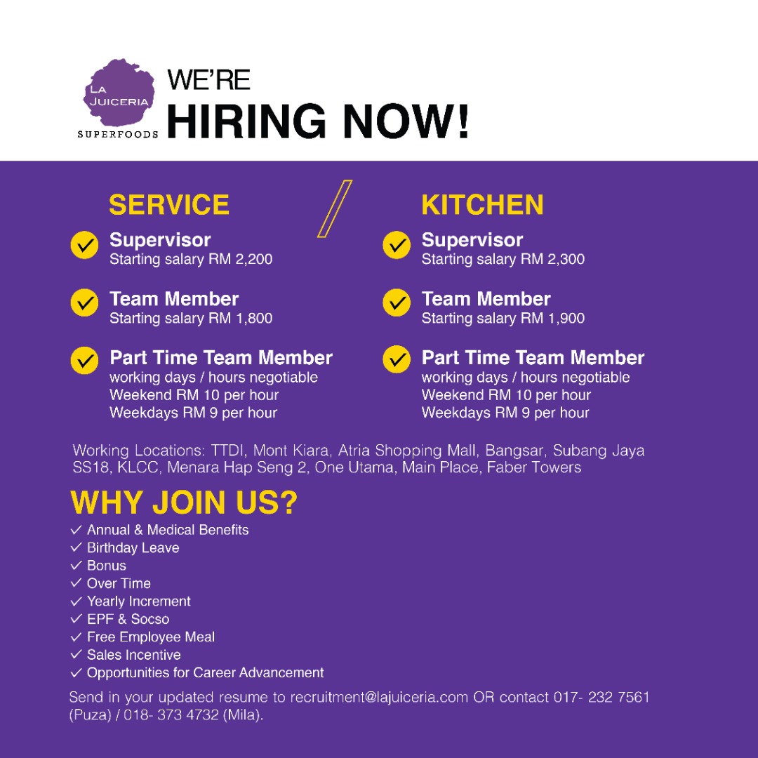 eyeztweet's tweet photo. 👨‍🍳 Kerja kosong : F&amp;B di sekitar Lembah Klang (KL/Selangor).

Boleh contact nombor yg tertera pada poster utk info lanjut.

#CariKerja #KerjaKosong #KerjaRestoran #JobOpportunity #maukerja #chef #foodie #kerja #vacancy #vacancies #kerjaKL #peluangkerja #NakKerja

🥗SF 🍜 SS 🍔 HH https://t.co/jTZum2NkV8