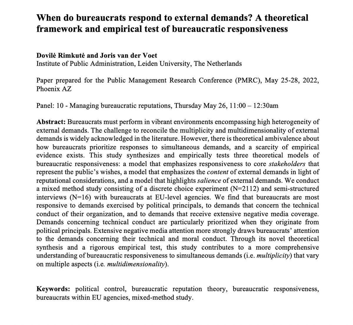 Dr. Dovilė Rimkutė (@dovilerimkute) on Twitter photo Excited to present a paper @pmrcaz with <a href="/JorisvanderVoet/">Joris van der Voet</a> on bureaucratic responsiveness and reputation. Join Panel 10 - Managing bureaucratic reputations, Thursday May 26, 11:00 – 12:30am chaired by <a href="/alketapeci/">Alketa Peci</a> <a href="/DanbeeLee1/">Danbee Lee</a> 
#PMRC2022 @PMRA1991 Excited to present a paper @pmrcaz with <a href="/JorisvanderVoet/">Joris van der Voet</a> on bureaucratic responsiveness and reputation. Join Panel 10 - Managing bureaucratic reputations, Thursday May 26, 11:00 – 12:30am chaired by <a href="/alketapeci/">Alketa Peci</a> <a href="/DanbeeLee1/">Danbee Lee</a> 
#PMRC2022 @PMRA1991