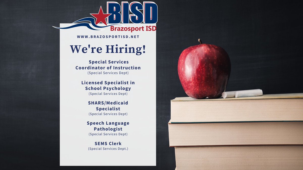 Interested in joining an AMAZING Special Services Team!? Check out the opportunities below ~ and visit our website to view job details & apply! applitrack.com/brazosportisd/… #BISDpride #FromHereAnythingIsPossible