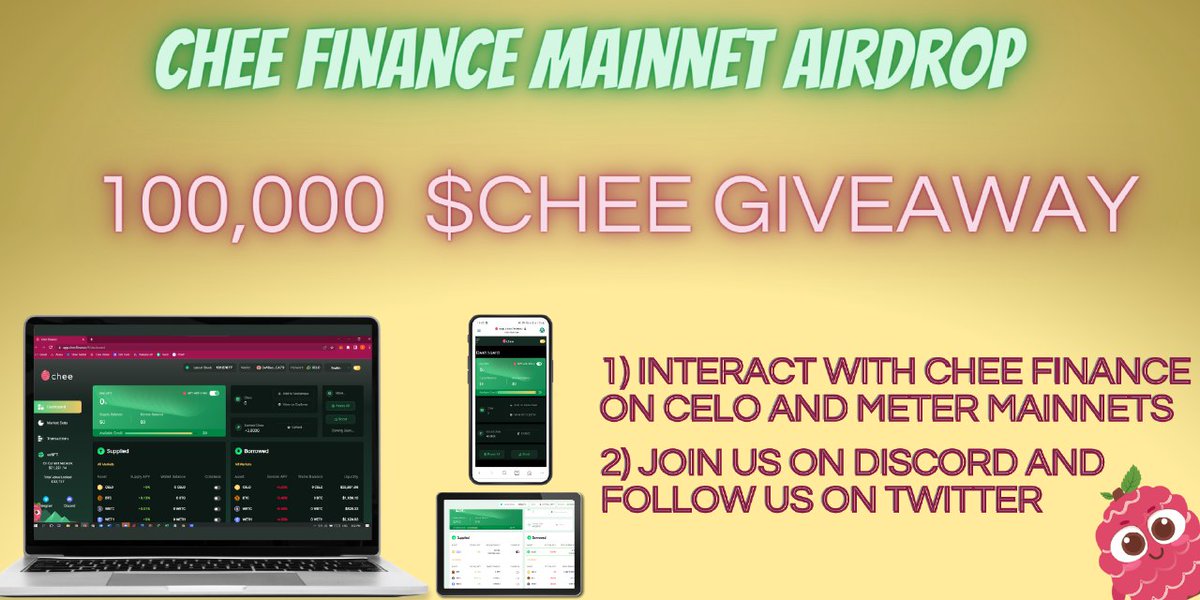 #Airdrop: Chee Finance (CHEE)
Prize Pool: 100,000 CHEE
Reward:  1,000 CHEE
Referral: n/a
Winners: 100 lucky users

Airdrop Link: gleam.io/QJvtD/chee-fin…

- Follow <a href="/CheeFinance/">cheefinance.eth</a>
- Distribution date: 1 week after TGE

Website: chee.finance