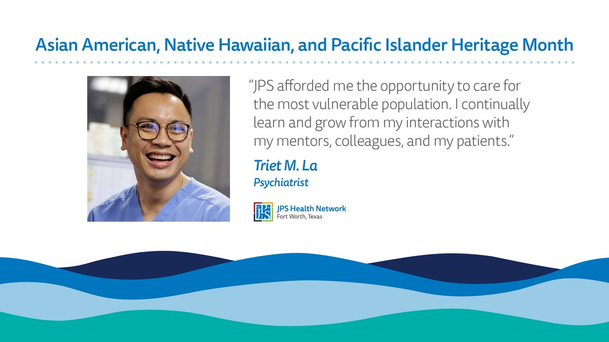 JPS_Health's tweet photo. #AAPIMonth Spotlight: Triet M. La, DO
Triet M. La is an attending psychiatrist at JPS, caring for patients in the Psychiatric Emergency Center. He developed a strong passion for the PEC after completing medical school rotations in 2016.
Read more: https://t.co/MAvnDhNfEp https://t.co/KZYzEo5ca3