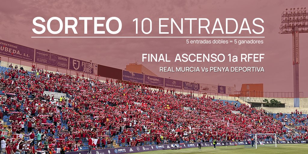 ¡Sorteamos 5 ENTRADAS DOBLES para el partido de ascenso entre <a href="/realmurciacfsad/">Real Murcia CF</a> y <a href="/Penyadeportiva/">SCR Penya Deportiva</a>!

Para participar:
1. Seguir a <a href="/Globalprotecc/">Global Protección</a> 
2. RT + FAV❤️este tweet

⚠️Fecha límite: jueves 26 de mayo a las 18:00h.🍀