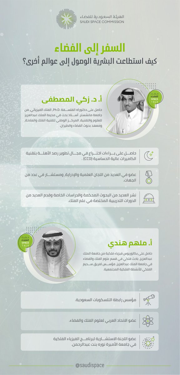 saudispace's tweet image. الحاصل على براءات اختراع في مجال تطوير رصد الأهلة بتقنية آلات التصوير عالية الحساسية أ.د. @zalmostafa، والمؤسس لفريق سديم الفلكي للأنشطة الفلكية المجتمعية أ. @MulhamH
ضيوف #حديث_الفضاء بنسخته التاسعة.
#الهيئة_السعودية_للفضاء
#SpaceTalk