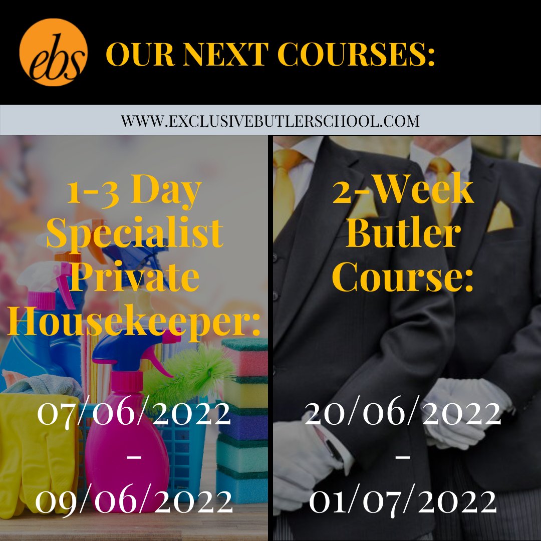 EBSButlerSchool's tweet photo. Here are the dates for next month's Housekeeper and Butler courses. Book your place now to avoid disappointment!
For more info visit:
https://t.co/WN0uj8Btk4
#ebs #ehs #butlerschool #butlercourse #housekeeping #housekeepercourse #education #privatebutler #privatehousekeeper https://t.co/zLb4bWJ8uT