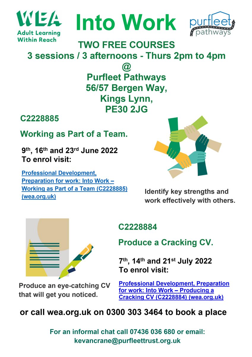 We have a couple of courses coming up that can help you better understand how to work as part of a team and also produce an eye-catching CV that will get you noticed by employers. Places available, please enrol here:- enrolonline.wea.org.uk/Online/2021/Co… enrolonline.wea.org.uk/Online/2021/Co…