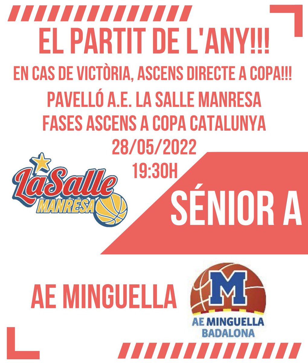 basquetsalle's tweet photo. 🔴⚪️ FASES SÉNIOR A

🏀💪🏼 Aquest cap de setmana tenim el partit més important de l’any, en cas de victòria el nostre Sénior A pujarà a Copa Catalunya.

🙏🏼🔝 US NECESSITEM EN EL PARTIT DE L’ANY!!! #somsalle https://t.co/5ta1CIdykb