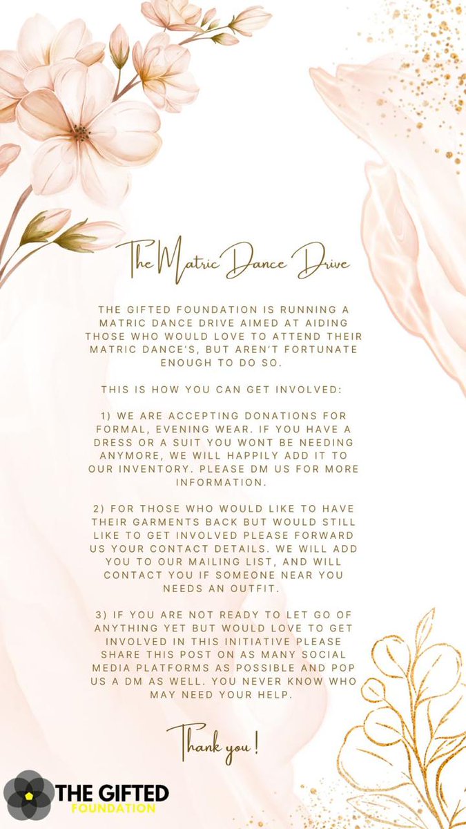 yolimayeza's tweet photo. The Gifted Foundation is running a Matric Dance Drive to help those who would love to attend their Matric Dance but aren't fortunate enough to do so. For more information please read posts. π€
#MatricDanceDrive #MDD https://t.co/IJxsUpL0bb