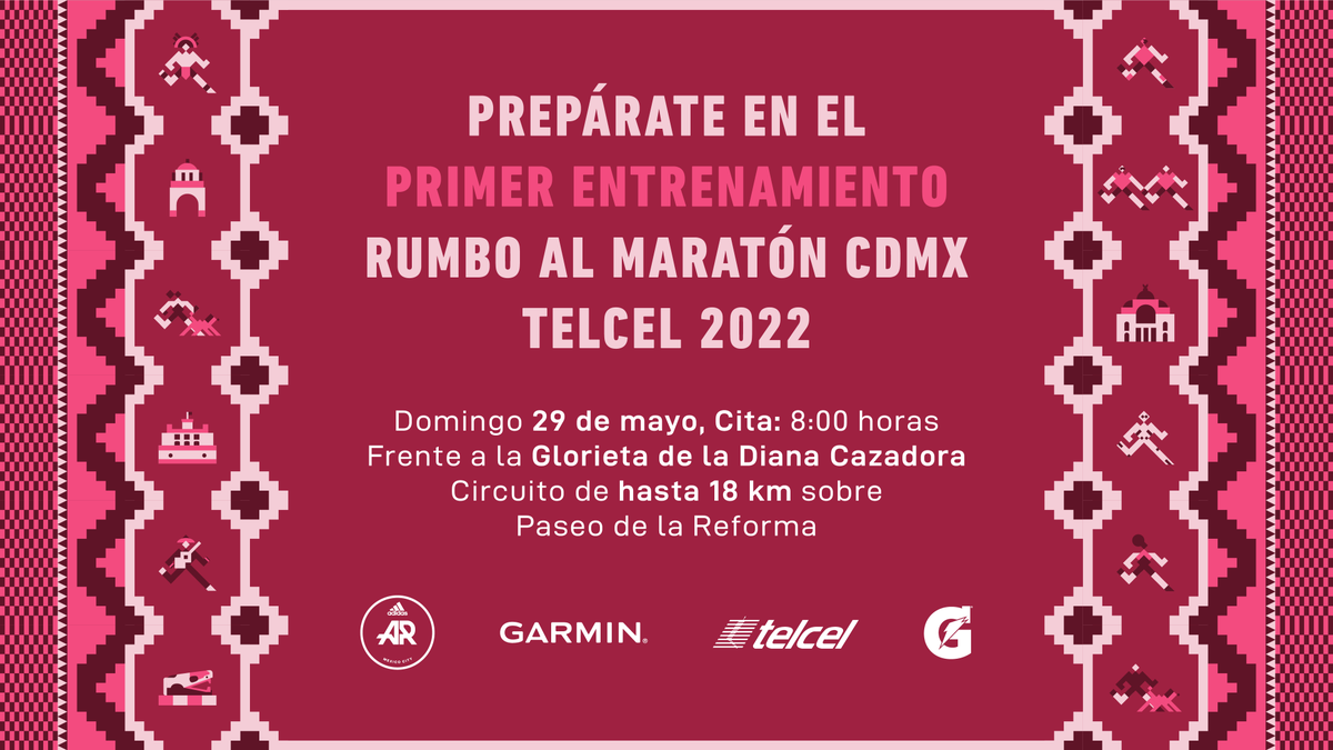 MaratonCDMX's tweet photo. ¡Vamos con todo rumbo al Maratón de la Ciudad de México @Telcel! 💪🏼🏃🏻‍♀️🏃🏻‍♂️
Asiste al primer entrenamiento este domingo 29 de mayo.
📍 Glorieta de la Diana Cazadora 🏹
⏰ 8 horas ¡Te esperamos! 

#MaratónCDMXTelcel https://t.co/CMavO9yae0