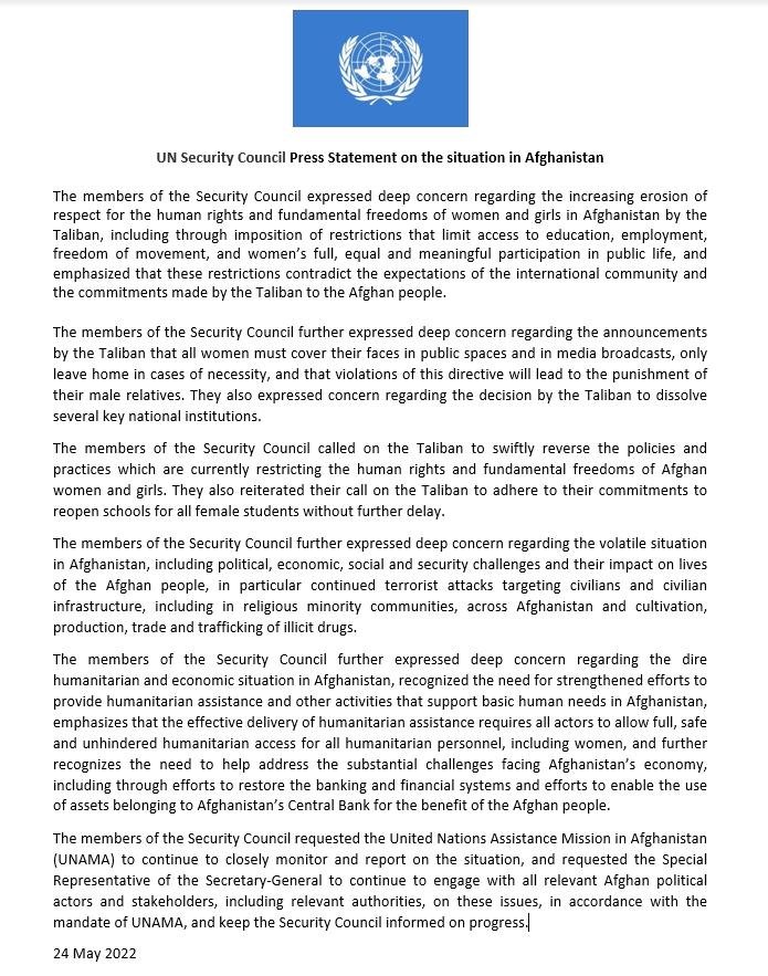 #BREAKING #SecurityCouncil Press Statement on #Afghanistan

🔹Calls on Taliban to swiftly reverse policies &amp; practices restricting the #humanrights &amp; fundamental freedoms of #Afghanwomen &amp; girls

🔹Deeply concerned about increasing erosion of respect for human rights by #Taliban