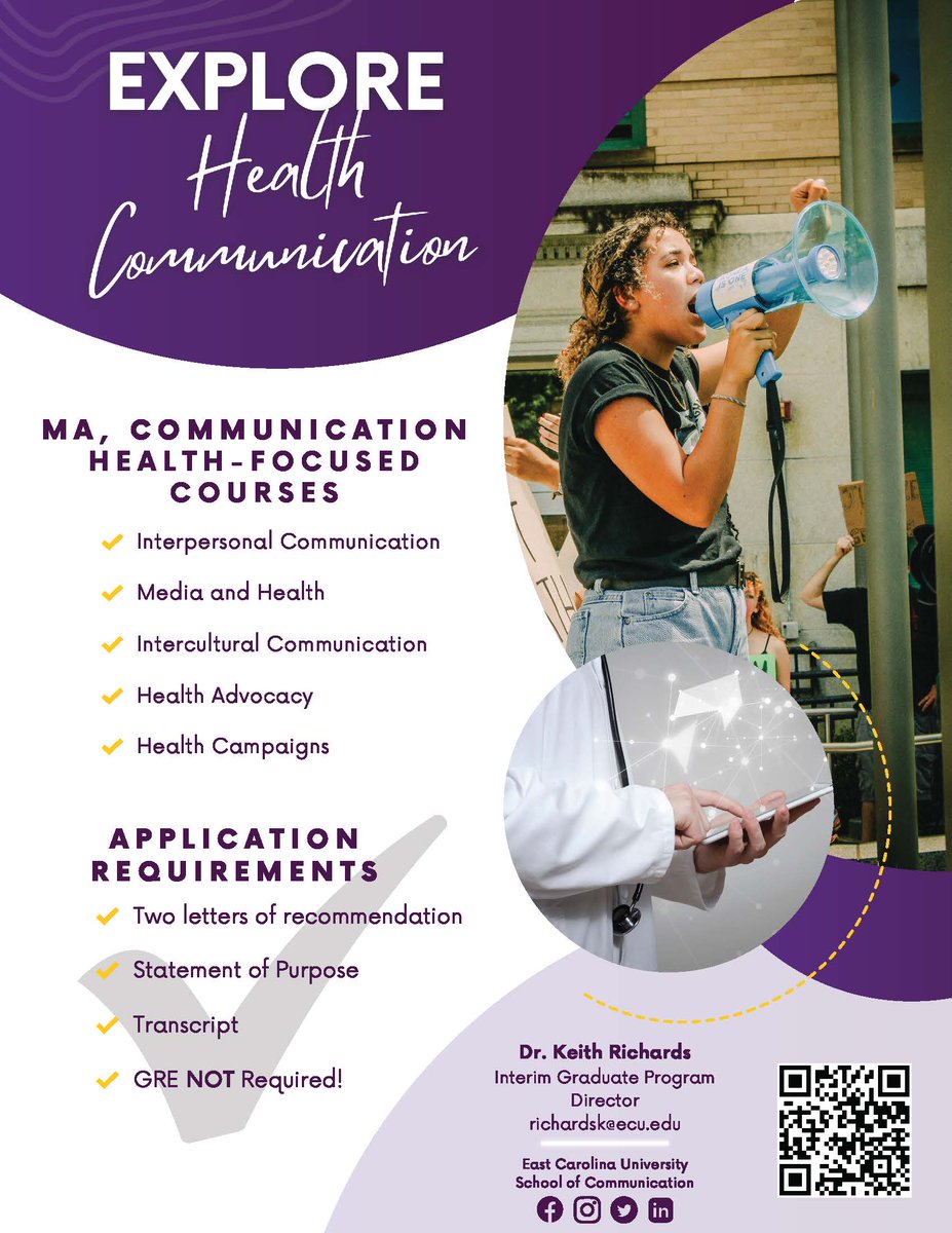 Our MA in Communication program offers two concentrations: Health and Strategic Communication.

Learn more about our Health Communication concentration
🔽
communication.ecu.edu/ma-communicati…

Deadline for Fall 2022 is June 1st!