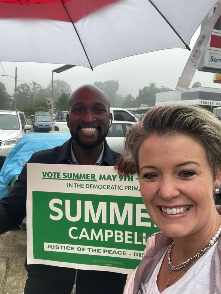 VoteSummerAR's tweet photo. The rain won’t stop Team Summer from working the polls — don’t let it stop YOU! Get out and vote today! Polls close at 7:30 PM. #VoteSummer https://t.co/RSRLzbN6W7