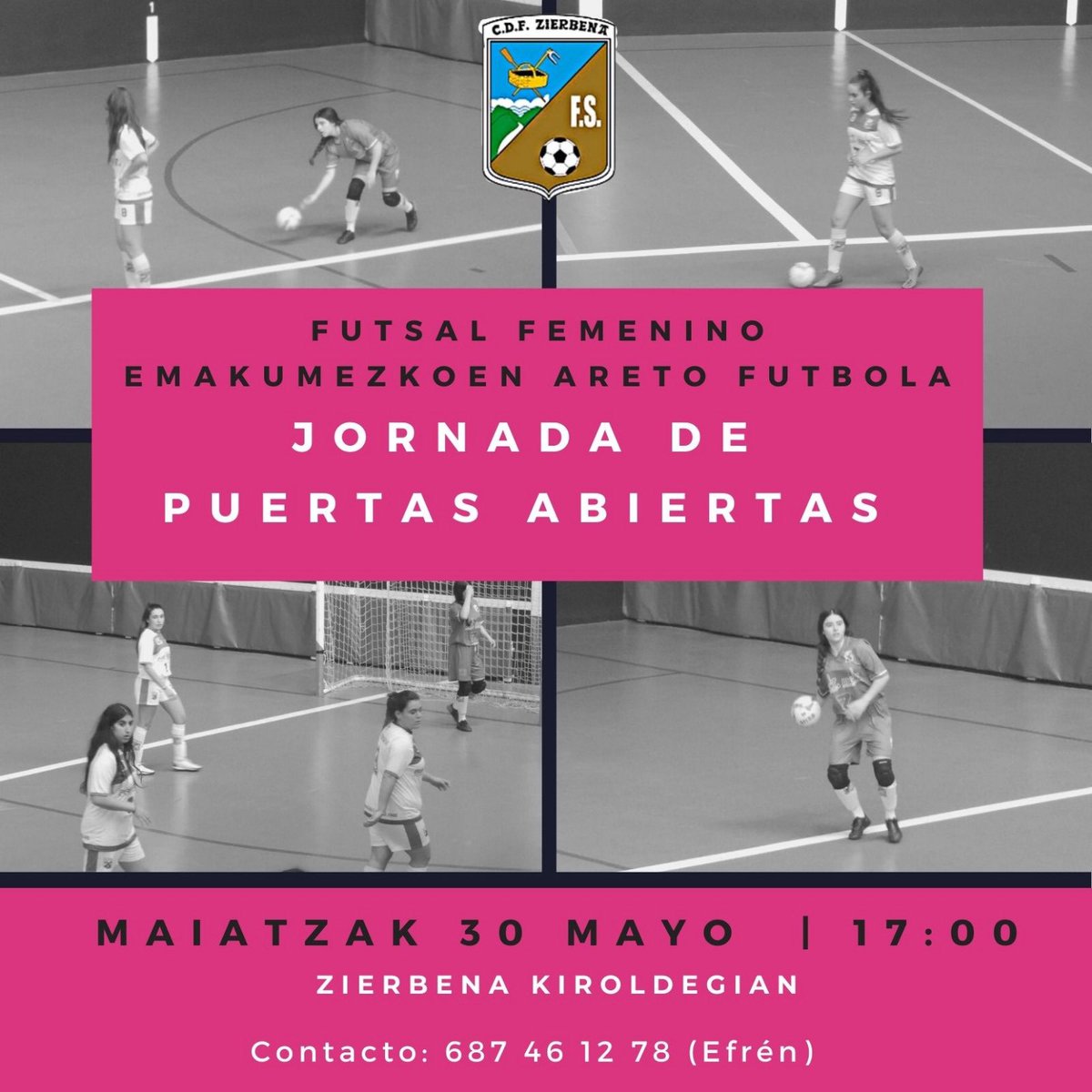 📢 [cas] ¿Nos ayudáis a compartirlo? Será el lunes, 30 de mayo, a las 17:00 horas en el polideportivo de Zierbena.

#puertasabiertas #ateirekiak #futsalfemenino #emakumezkoenaretofutbola #zierbenafs