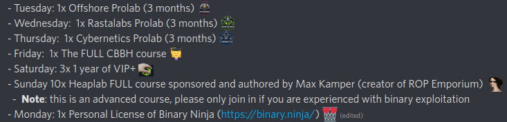 PizazzJazz's tweet image. I teamed up with @devx00 and @hackthebox_eu to host a FULL week of giveaways in the HackTheBox Discord! Join us for your chance to win amazing prizes! 😎✌️ #prolabs #vip #cbbh #heaplab #binja