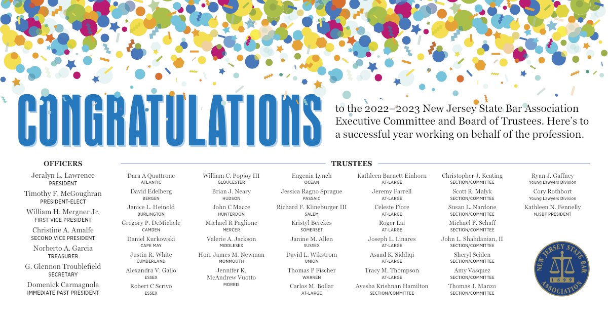 Congratulations to the 2022-2023 New Jersey State Bar Association Executive Committee and Board of Trustees. Here's to a successful year working on behalf of the profession. #NJStateBar #NJSBAMoments