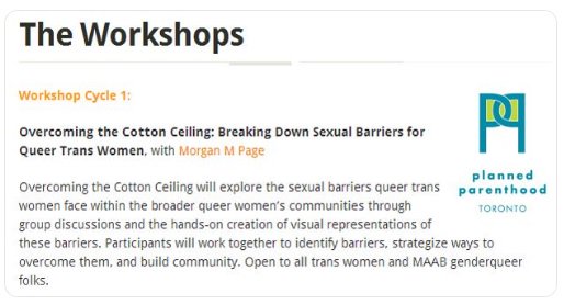 separatismrules's tweet image. Morgan Page, a thread 🧵

Since everyone is talking about MPs infamous "Overcoming the Cotton Ceiling" workshop today, seemed appropriate

MP hosted this event as part of a series on sexuality put on by Planned Parenthood Toronto in 2012. 

web.archive.org/web/2012072200…