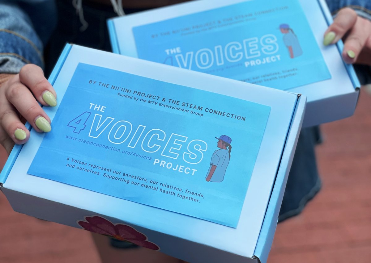 Thankful to <a href="/Zoom/">Zoom</a> and <a href="/MTV/">MTV</a> for funding the 4 Voices Project, community mental health boxes for Indigenous youths by the Nii’iini Project by Jazmine Wildcat and <a href="/steamconnection/">The STEAM Connection</a> #MentalHealthIsHealth