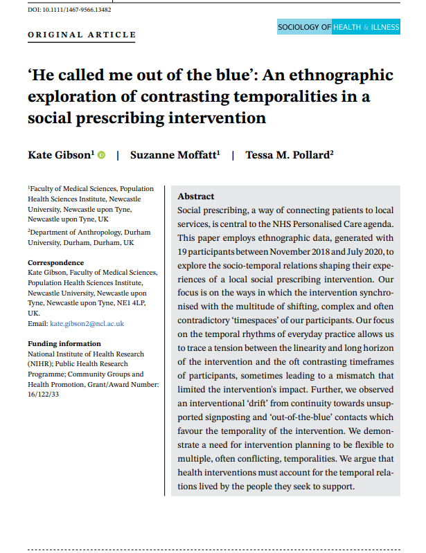 Kate Gibson (@katesgibson) on Twitter photo Really pleased to see our paper is out in <a href="/SHIjournal/">Sociology of Health and Illness Journal</a> today <a href="/Anthro_PA/">Tessa Pollard</a> <a href="/SuzanneMoffatt/">Suzanne Moffatt</a> ‘He called me out of the blue’ available open access here: doi.org/10.1111/1467-9… #ethnography #time #personalisedcare Really pleased to see our paper is out in <a href="/SHIjournal/">Sociology of Health and Illness Journal</a> today <a href="/Anthro_PA/">Tessa Pollard</a> <a href="/SuzanneMoffatt/">Suzanne Moffatt</a> ‘He called me out of the blue’ available open access here: doi.org/10.1111/1467-9… #ethnography #time #personalisedcare