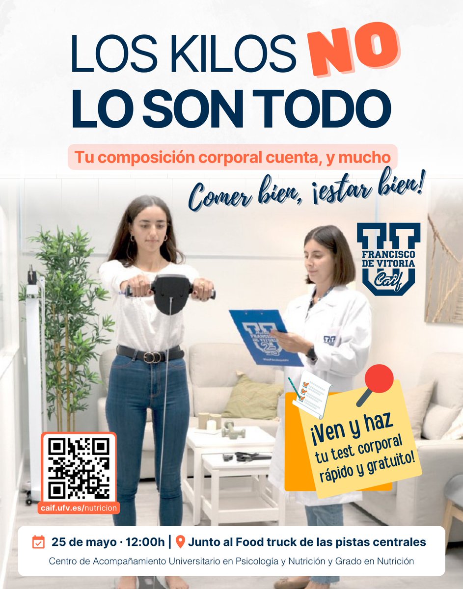 caif_ufv's tweet photo. ¡HAZ TU TEST DE COMPOSICIÓN GRATIS! Los kilos NO lo son todo. Tu composición corporal cuenta, y mucho💪🏻 ¡Ven y haz tu test corporal rápido y gratuito!🤑

📅El 25 de mayo
🕧 A las 12:00h
📍 Junto al Food Truck de las pistas centrales.

Organiza: CAIF y Grado en Nutrición https://t.co/Rtt7CX2f0v