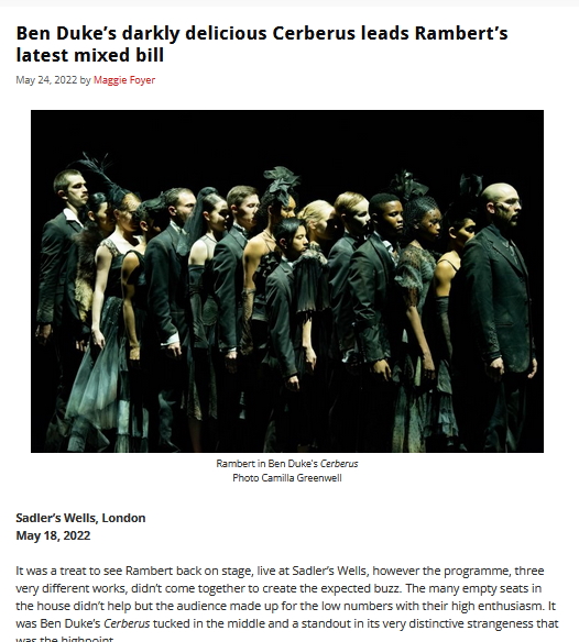 SeeingDance's tweet photo. "A standout in its very distinctive strangeness... delicious mix of outrageous comedy with some very neat choreography snuck in between"
Maggie Foyer on @Rambertdance @Sadlers_Wells where Cerberus by #BenDuke of @lostdogdance was very much the highlight
https://t.co/F7vE6IdlMj https://t.co/wBjSNEQjrj