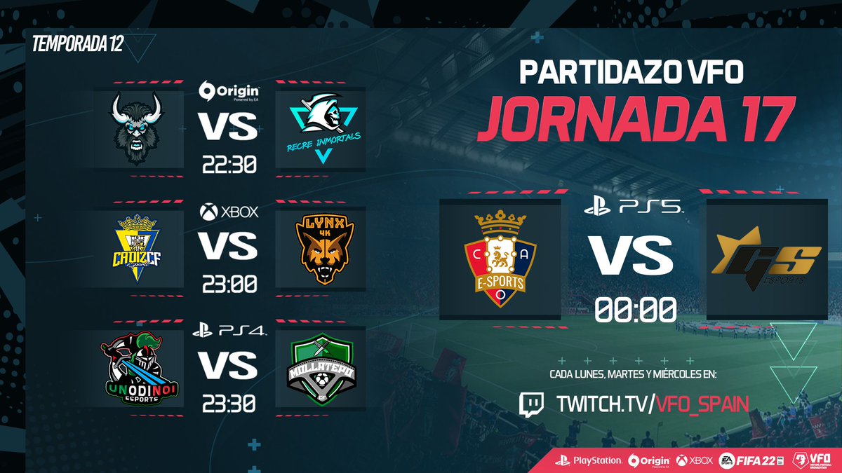 Noche de #VFOgg con partidos que serán muy disputados

¡Toma nota! 📝

🟠@LegionRk - @recreinmortals 
🟢<a href="/Cadiz_CFESports/">Cádiz CF eSports</a> - <a href="/Lynx4K_ESPORTS/">Lynx4K 🦊</a> 
🔵@UnoDiNoiFIFA - <a href="/mollatepocf/">Mollatepo CF</a> 
🔵 <a href="/CAO_Esports/">C. A. Osasuna Esports</a> / <a href="/Guasones/">Guasones</a> - <a href="/Gerstaresports/">🌟GS 𝙀𝙨𝙥𝙤𝙧𝙩𝙨</a> 

¡Sigue aquí los partidos!

👇👇
twitch.tv/VFO_Spain