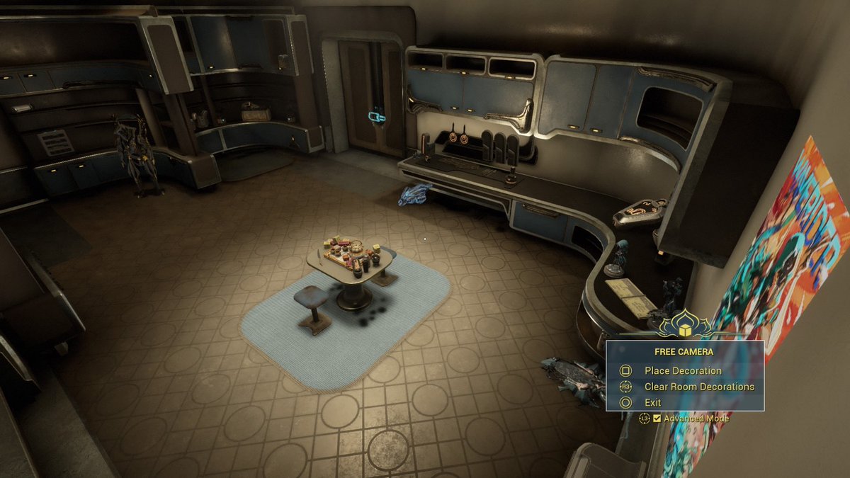 CrazedX097's tweet photo. @PlayWarframe It’s not much, but it’s tidy. Lots of food and some tea out since I just had visitors. https://t.co/mSd17eMoxh