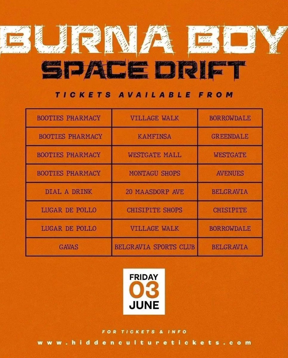 KayseConnect's tweet photo. 3 JUNE Burna Boy Space Drift  
Are YOU ready? 💥⚡🔥
Buy your tickets from: 

#DialADrinkZw
#Gavarestaurant
@BootiesP 
@LugarDePollo 

Limited tables and packages available❗To book: email info@hiddencultureonline.com

For more info: 

https://t.co/lNLdf1ph1V
Hidden Culture https://t.co/n6vKmaiuls