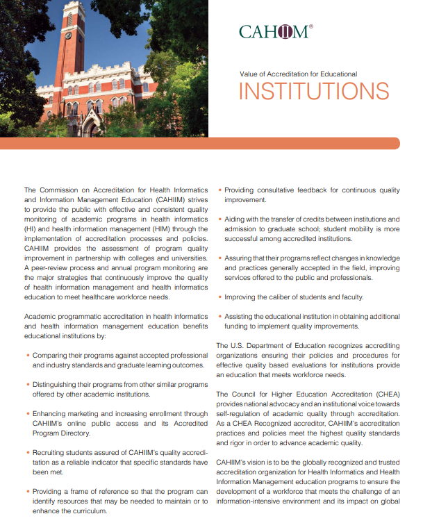 CAHIIM_'s tweet photo. CAHIIM Accreditation benefits institutions by enhancing marketing and increasing enrollment. 

Interested in learning more about the value of CAHIIM Accreditation? 

Read here: https://t.co/oXtOF8rzoK

#HigherEd #CAHIIM #HIM #HI #Education https://t.co/OfC9Q1RYta