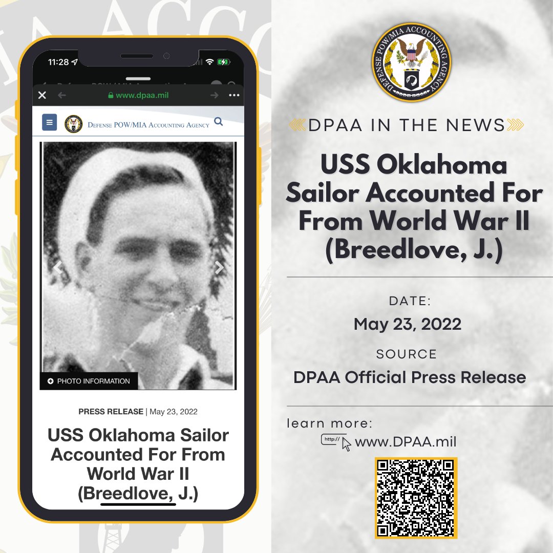 dodpaa's tweet photo. The #DPAA announced today that #Navy #FireControlman 3rd Class Jack A. Breedlove, 19, of #CedarRapids, #Iowa, killed during #WWII, was accounted for on March 1, 2021. #WW2 #PearlHarbor #USSOklahoma #OurPromise #UntilTheyAllComeHome
Learn more: https://t.co/vHBfou5jpF https://t.co/MAEIDYBe44