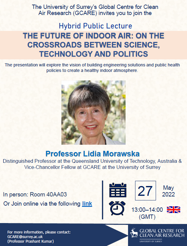 GuildfordLL's tweet photo. #GCARE team is happy to announce the Hybrid Public Lecture "The Future of Indoor Air: On the Crossroads Between Science, Technology and Politics", with our special guest Professor Lidia Morawska.
#GCARE #GLL #airquality #indoorairquality #science #technology https://t.co/HyTpG9M5Jg