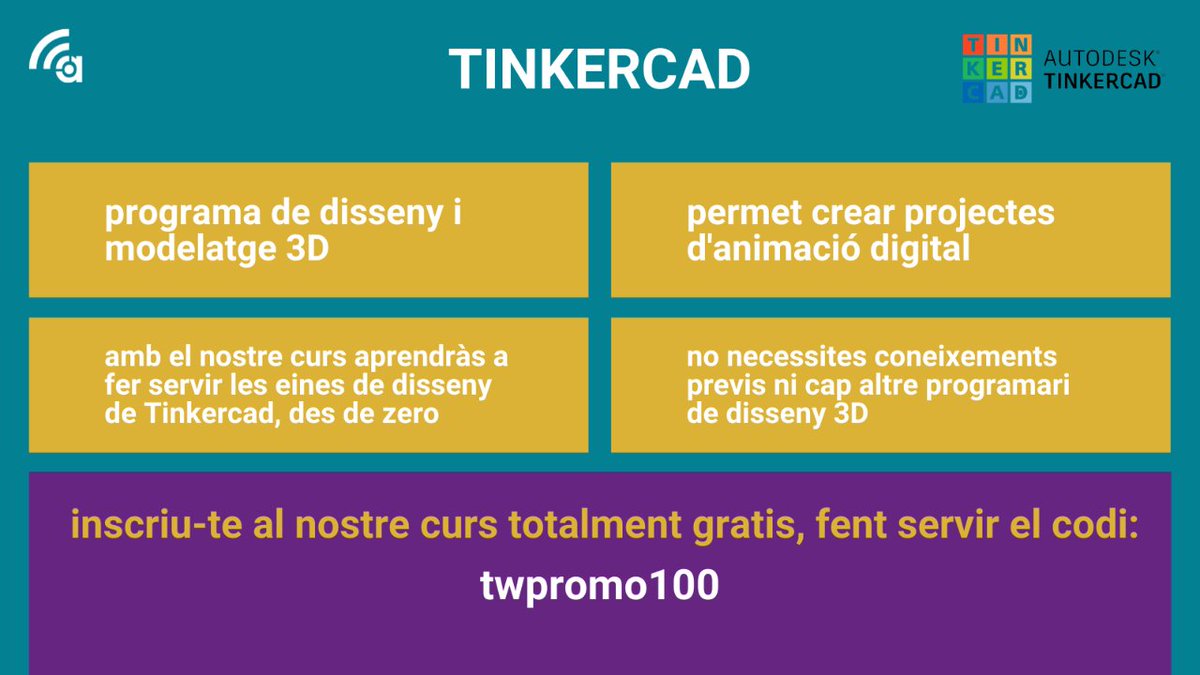 ArttecFormacio's tweet photo. Aprèn #disseny3D i #modelatge3D amb #Tinkercad! 

⁣🔹 senzill, intuïtiu i gratuït
🔹 resultats professionals
🔹 sense coneixements previs

❗Inscriu-te al nostre #curs totalment #GRATIS amb codi ⭐ twpromo100 ⭐

https://t.co/14lXzP69KQ
⁣ https://t.co/bbusOW6tTf