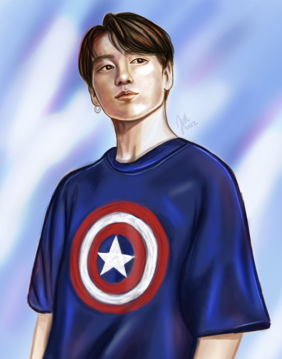 this was a drawing I did for ariana of jungkook in a captain america shirt cuz it is her brand