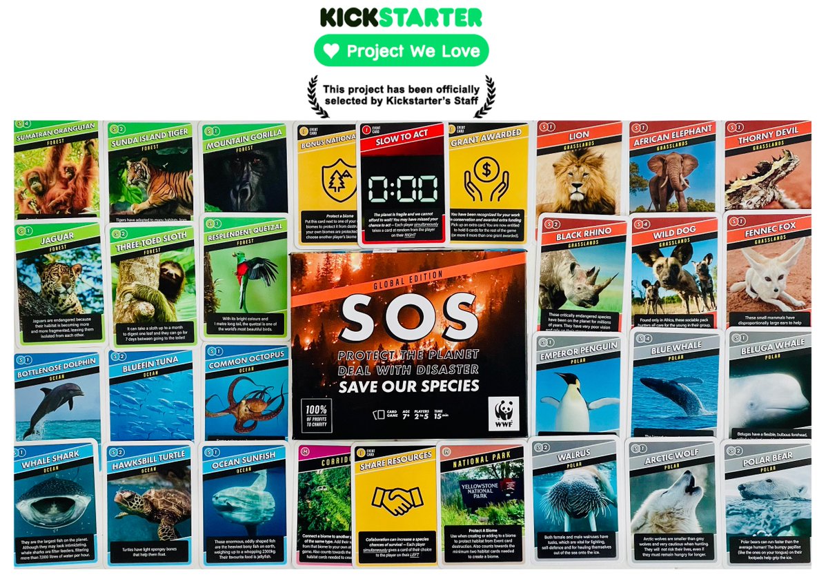 Kickstarter endorsed SOS as a "Project We Love". One week left to pre-order a copy of SOS and be the first to play ff.go2.fund/sos 2-5 players | Age 7+ | Quick-to-Learn | "Rummy meets Top Trumps with a modern twist"