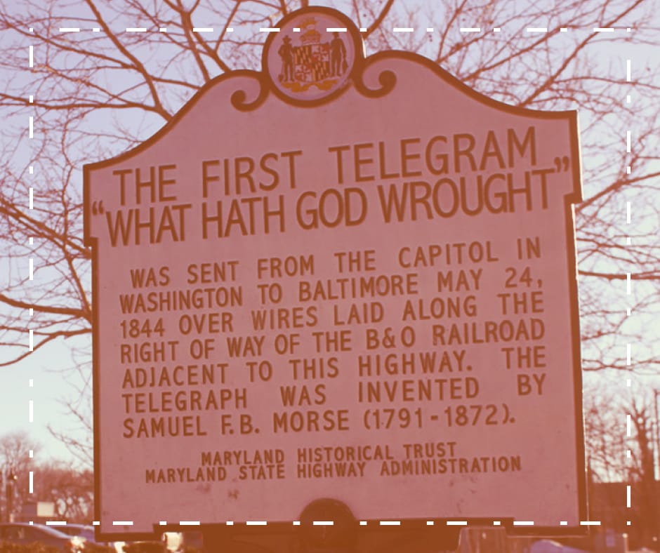 On this day in #techhistory, Samuel Morse sent the first official line of text by telegram (”what hath God wrought”) from the Supreme Court chamber in 1844.