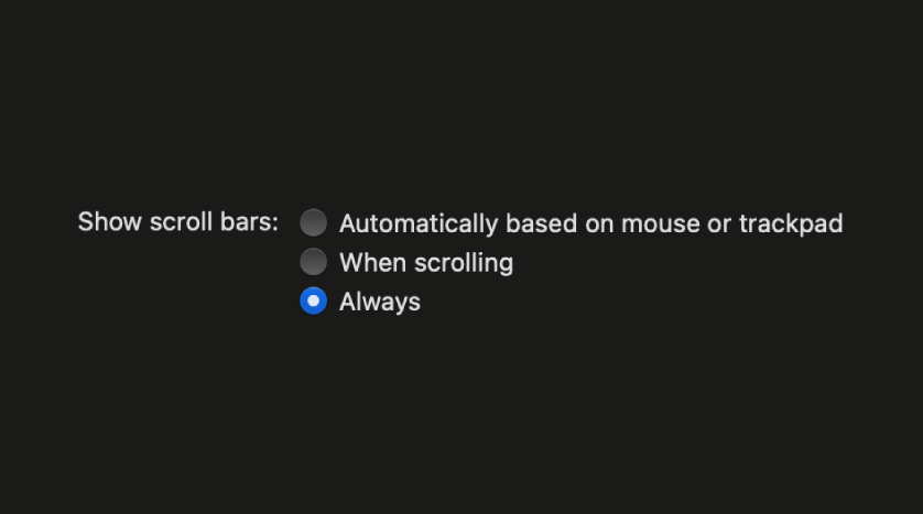 diegohaz's tweet photo. If you're a developer or designer working with macOS, here's a setting you should always have to avoid surprises with scrollbars you don't see.

System Preferences > General > Show scroll bars https://t.co/OLIj2p0UIC