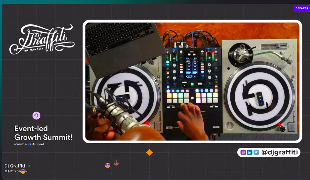 The team @airmeet showing how to conduct virtual events that are informative and FUN! #ELGsummit

What a kickass opening by <a href="/djgraffiti/">Martin Smith | DJ Graffiti</a> 😎