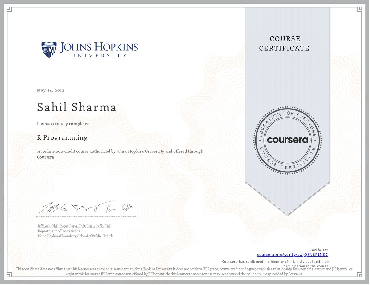 sahil_95_'s tweet image. Completed a #hard course on #R_Programming , feels like boundaries of my brain are pushed further beyond the #frontiers after #coding some very difficult #R #Functions as a assignment in this course.

However, In the end, I am the most #happiest person on earth, ... [1]