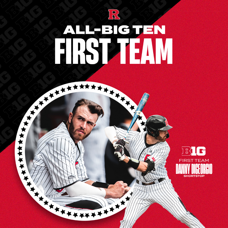 RutgersBaseball's tweet photo. For the first time in history, Rutgers Baseball is represented on the All-Big Ten First Team. 

Congratulations to Danny DiGeorgio, Ryan Lasko and Dale Stanavich on making history On the Banks!!

#TCD /// #GoRU