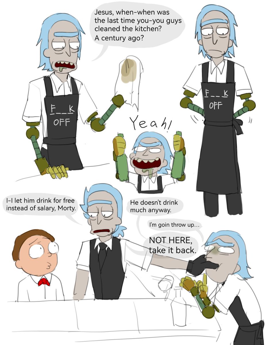 cthutocats's tweet photo. Oh I just noticed you came back haha, welcome and let me post these on here too @rrcksanchez
#rickandmorty #bartenderrick #waitermorty #chefrick #evilrick https://t.co/pH4EycZTSO