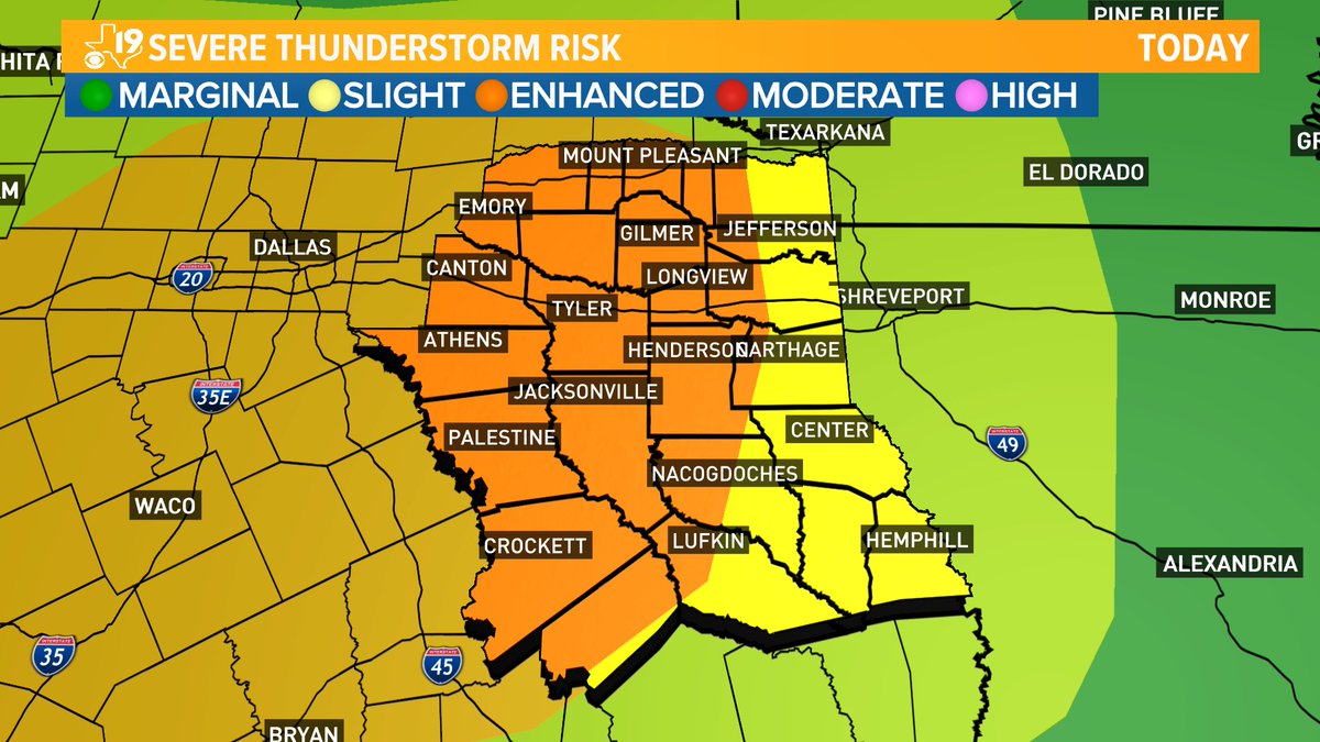 Per <a href="/TheWxChannelor/">Chandlor Jordan</a>: An upgrade to a Level 3 of 5 risk has been issued for much of the CBS19 viewing area.

Our main concerns are damaging wind, hail. An isolated tornado is also possible.

Overnight, we'll need to keep an eye out for Flash Flooding. #ETXwx #TXwx <a href="/kytxcbs19/">KYTX CBS19</a>