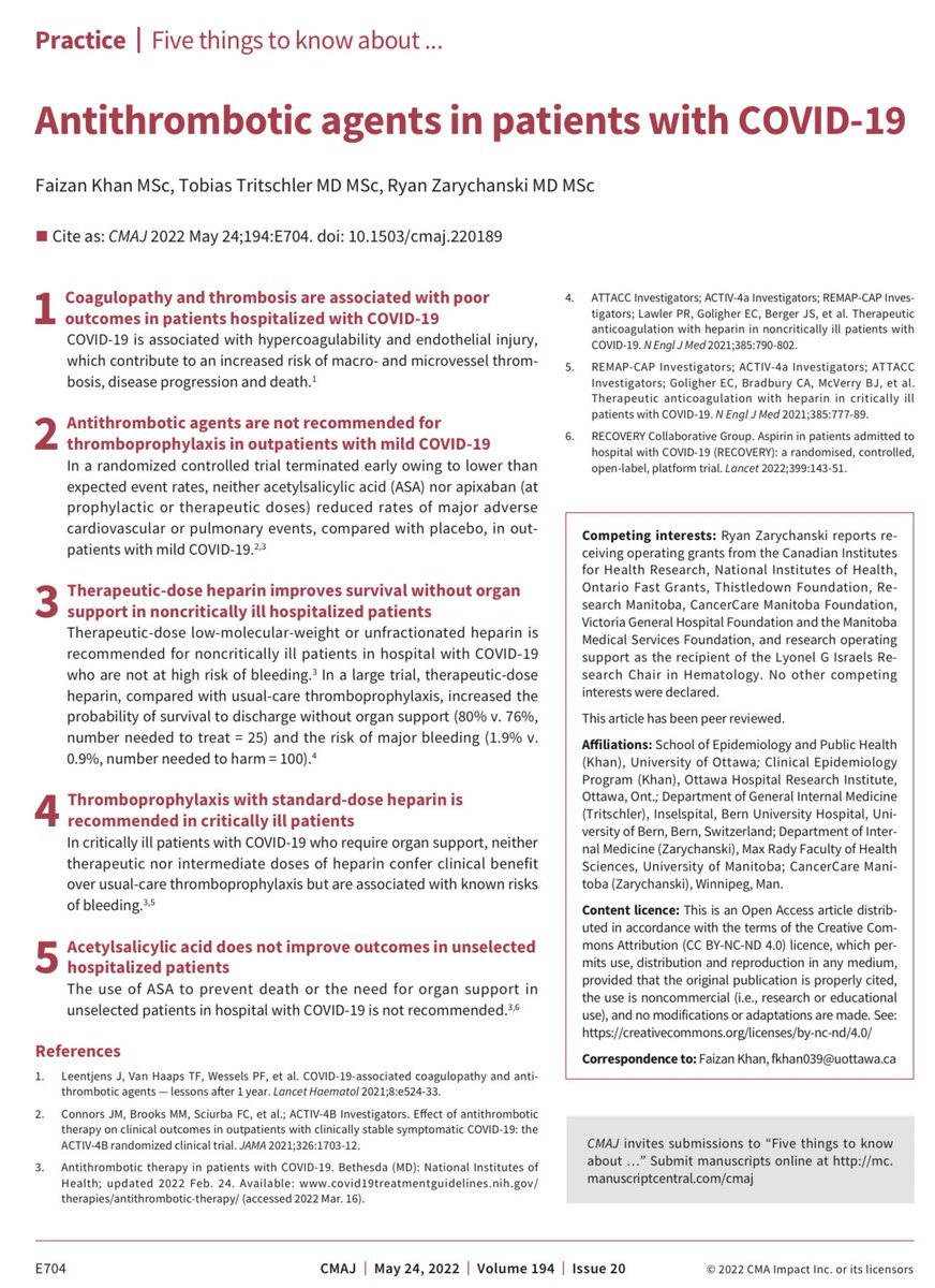 🆕 In our <a href="/CMAJ/">CMAJ</a> paper published today, <a href="/TritschlerMD/">Tobias Tritschler</a> <a href="/RZarychanski/">Ryan Zarychanski</a> and I summarize 5 key things to know about antithrombotics in #COVID19.

cmaj.ca/content/194/20…