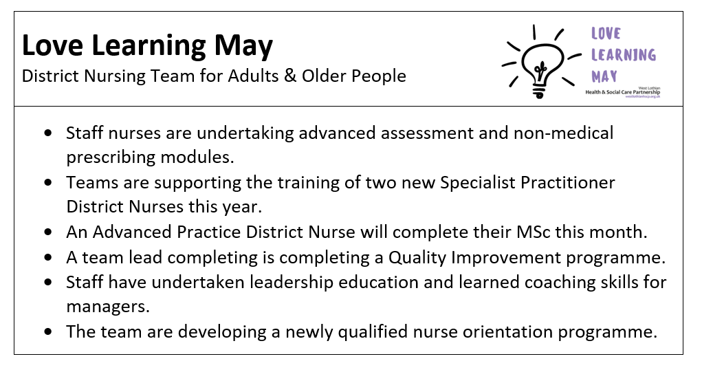 WestLothianHSCP's tweet photo. Here’s some of the fantastic learning happening within our district nursing team in @WestLothianHSCP. 

Congratulations to the team for all their hard work. 👏👏👏

#LoveLearningMay https://t.co/5B153Nelk2