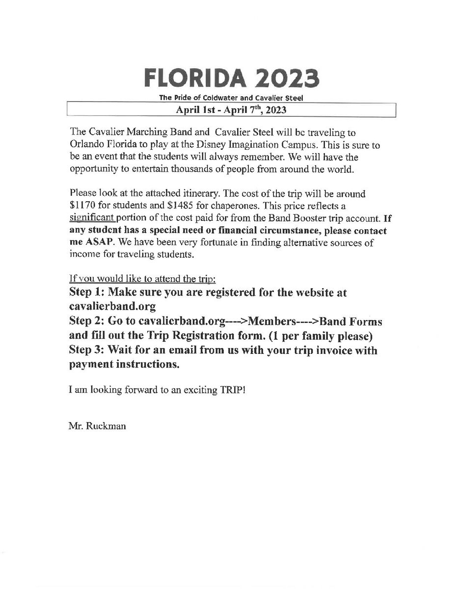 New post (Florida Trip Registration Info) has been published on The Cavalier Band Website - is.gd/fkaZ6H by Mr. Ruckman
