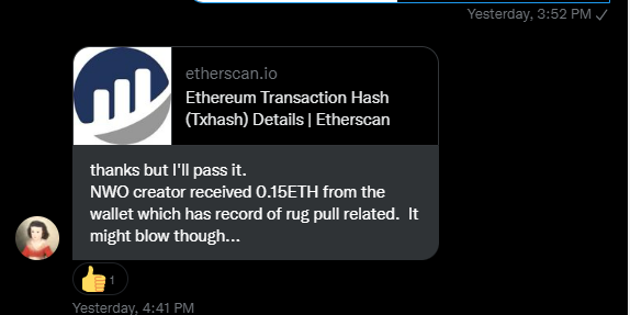 @SYNDICATE_NWO - Didn't know stating a wrong timing on a pinned official msg on tg on snapshot timing was the way to go

- Checked DM and noticed something fishy from the $NWO @SYNDICATE_NWO creator address which rcved rugged funds : etherscan.io/tx/0xb0b5d2481…

x.com/TheBox__Project

&amp; $TWERC