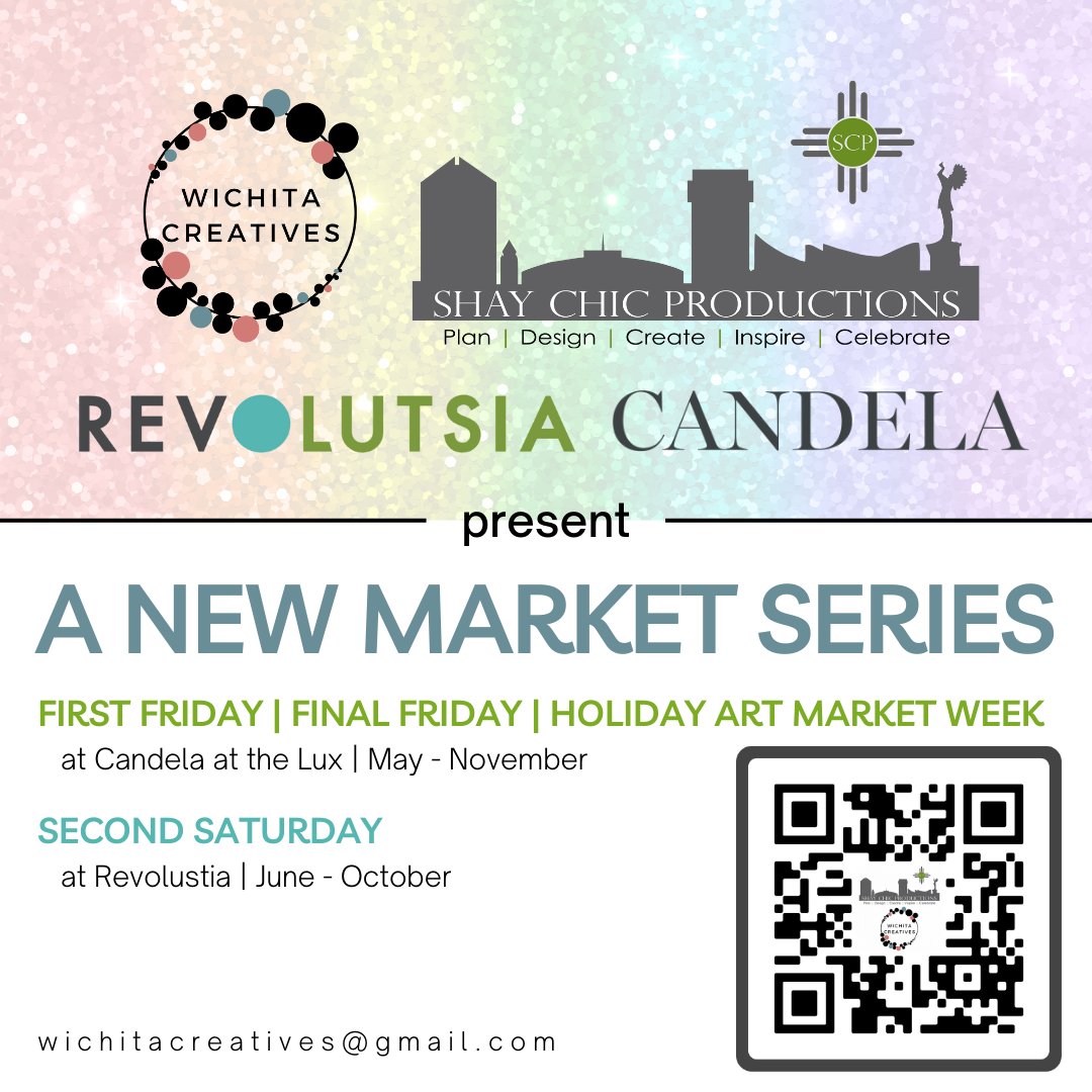 ShayChicCrew's tweet photo. We are SO excited to bring back @CreateInICT &amp; @ShayChicCrew Art Markets! We're changing things up a bit &amp; moving indoors to Candela at the Lux &amp; Revolustia! (But don't be surprised if a few pop-ups..... well..... pop up!)

Details at https://t.co/JxvG0d6xJZ or scan the QR code https://t.co/IGqJjLN4Fv