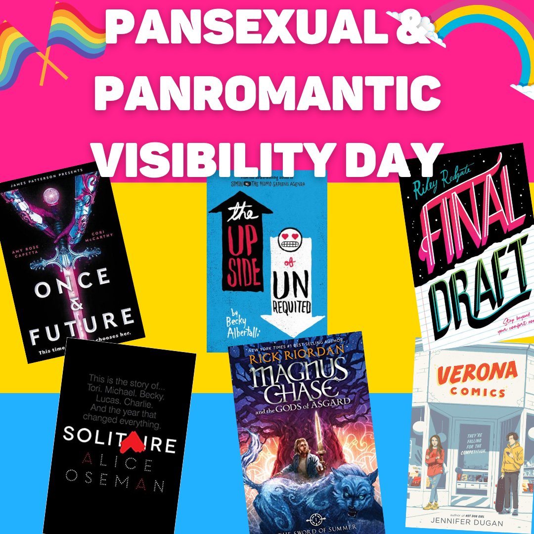 vencolibrary's tweet photo. Today the Ventura County Library celebrates and recognizes those who identify as either Pansexual and Panromantic! Here are some great titles in our library system that have Pan representation!
 💗💛💙
#panvisibilityday #librariesforeveryone #pansexual #panromantic #lgbtq https://t.co/V22zmgOKCy