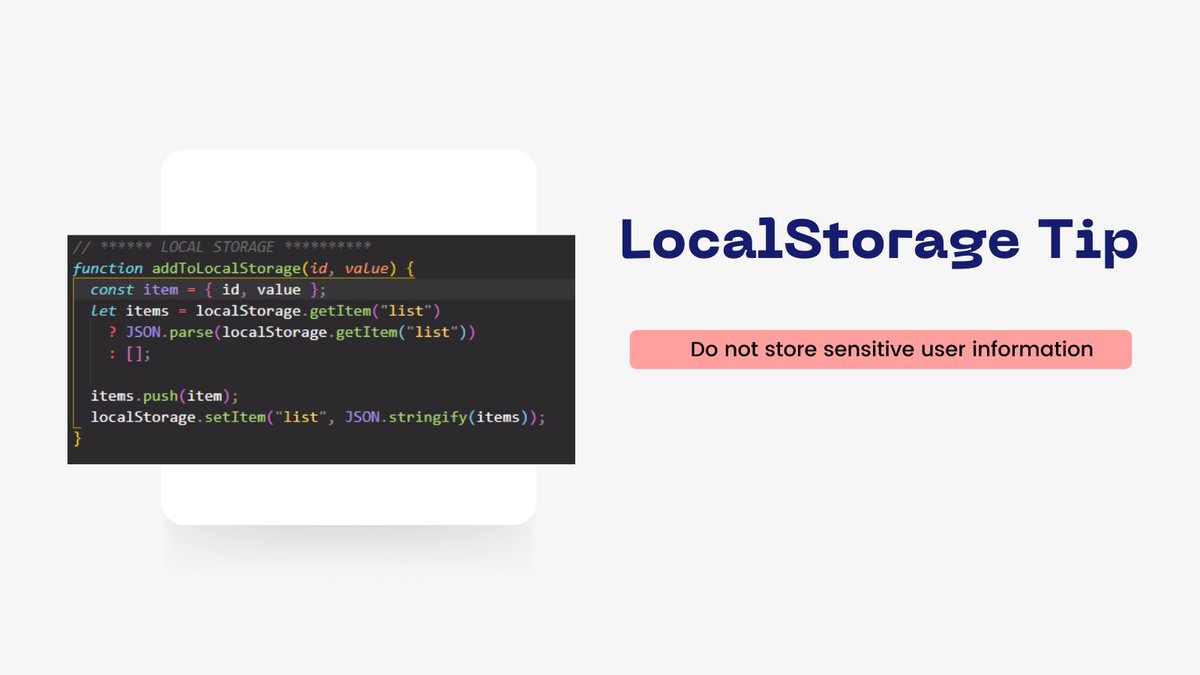 devdaily3's tweet image. I've been working with localStorage today 😀, and I have to say it's pretty easy to test your simple app and persist data, but please do not store sensitive user information in localStorage.
#100DaysOfCode #100xcode