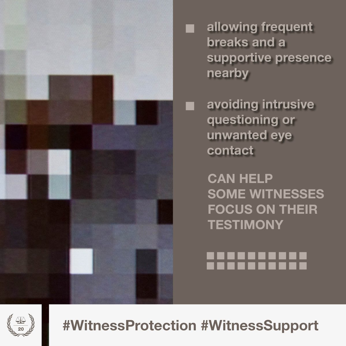IntlCrimCourt's tweet image. #WitnessProtection 
#WitnessSupport  

Based on recommendations from a psychological assessment, measures can be put in place so a witness is not unnecessarily distracted or harmed during the process of giving testimony. 

#MoreJustWorld