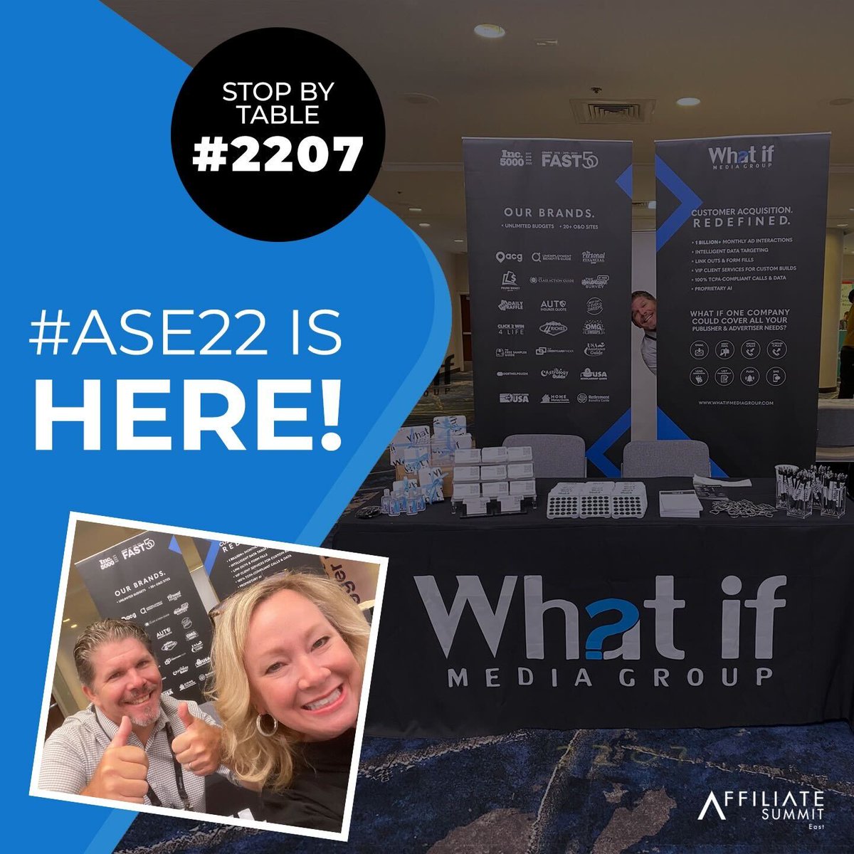 WhatIfMediaGrp's tweet photo. .@affiliatesummit #ASE22 is here at @MHMarquisNYC &amp; so are we!

Stop by Table 2207 for swag, giveaways, + the chance to learn how to explode your business w/  one of WIMG’s high-tech, customized #marketing campaigns. 

Get started: https://t.co/9Jk88hMmH2

#WhatIfMediaGroup https://t.co/H1oMSeSa4r